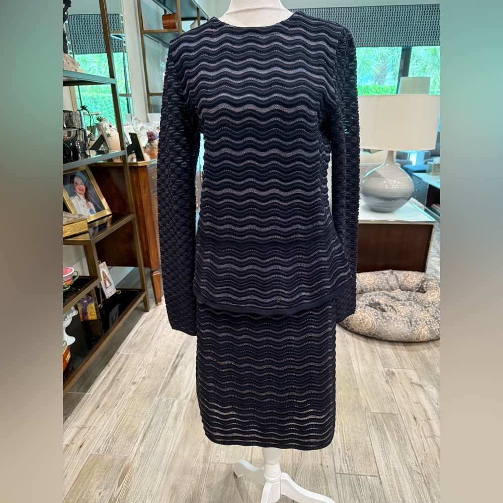 Tory Burch Navy Merino wool Skirt Set with metallic detailing throughout. Medium